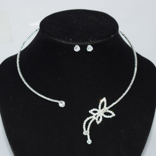 European and American luxury full diamond single row rhinestone zircon butterfly stud earrings collar 2-piece necklace necklace fashion simple bundle