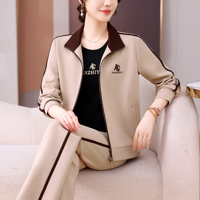 2025春秋新款女装立领拼色休闲套装中老年减龄洋气拉链卫衣三件套|undefined