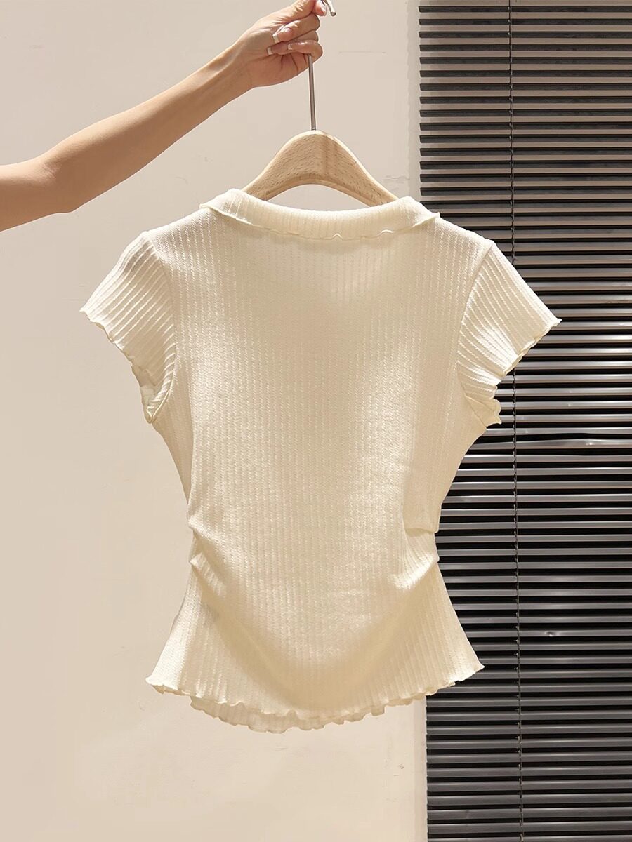 Áo thun polo nữ tay ngắn cổ bẻ cúc màu, kiểu thắt eo xếp nếp viền bèo mùa hè — màu mơ chi tiết 6