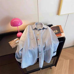 蓝色条纹长袖衬衫女春季上衣2025新款外搭宽松设计感撞色外套衬衣