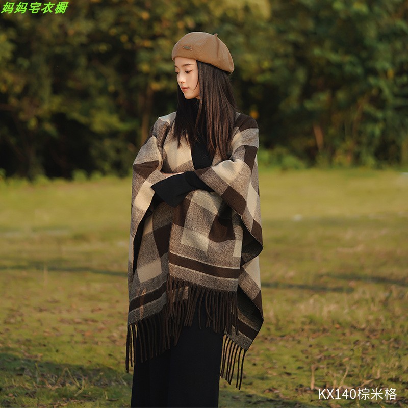 Chaqueta de abrigo de capas de bordas a cuadros franceses de otoño para mujeres con un pequeño chal de lana con una bufalla de abrigo grueso