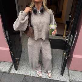 ins欧美女装时尚长袖拉链毛衣开衫长裤运动两件套休闲开衫套装女