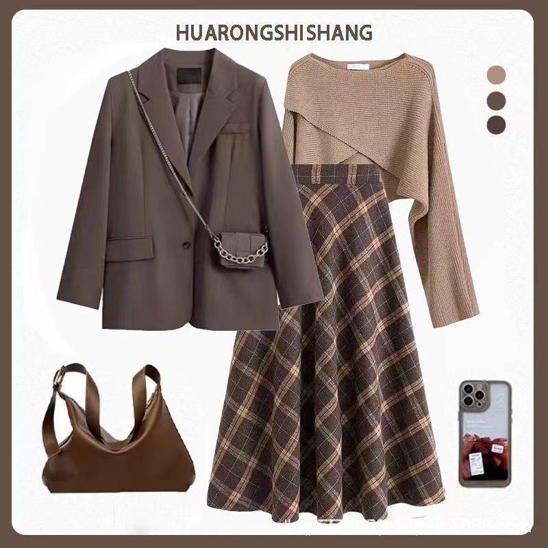 Meilade's Complete Outfit: 2026 New Style Blazer with Knitted Sweater and Slimming Skirt Three-Piece Set