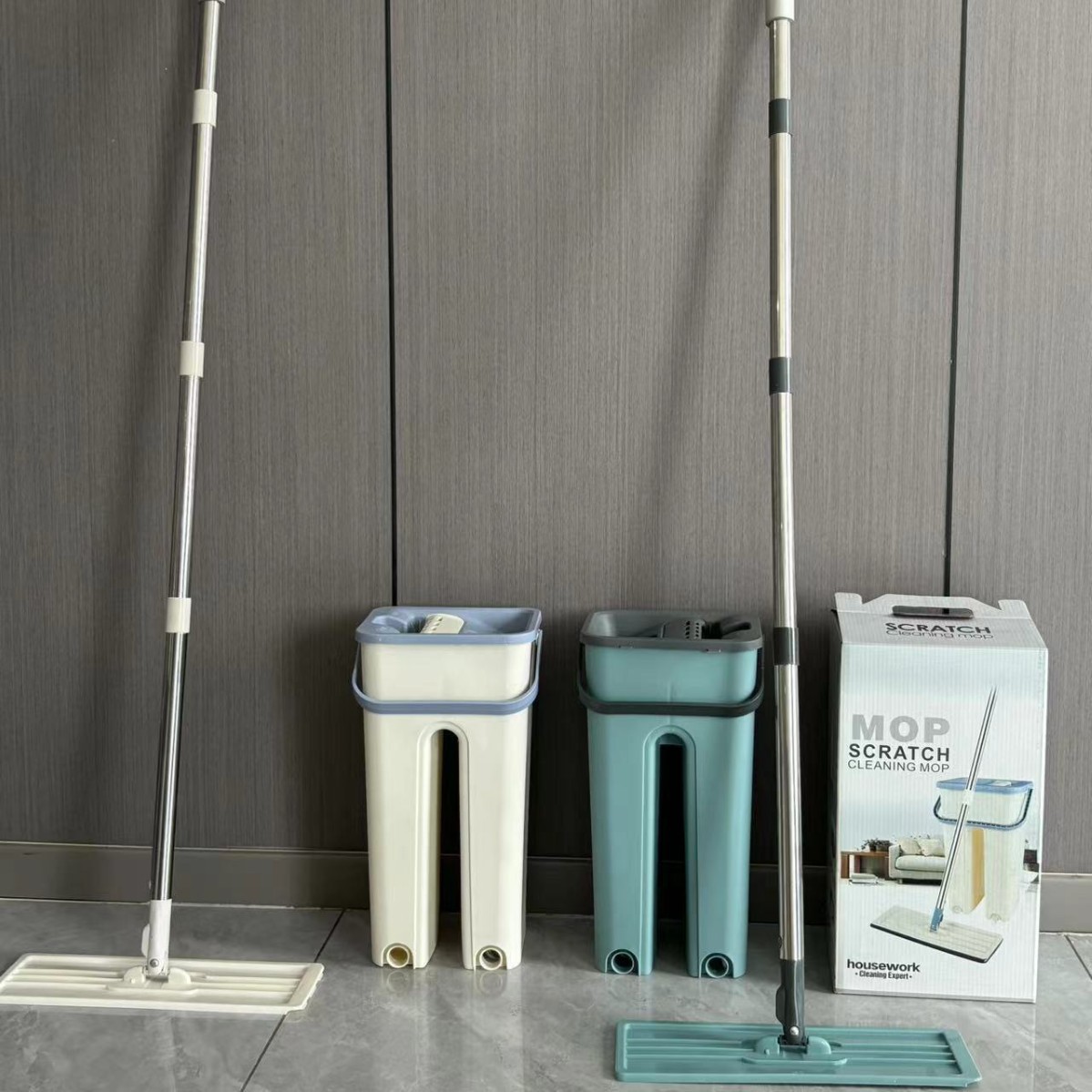 Mopo conveniente de doble uso seco y húmedo con cubierta de barril, trapeador de suelo perezoso, artefacto de trapeador plano sin lavado a mano, trapeador giratorio doméstico