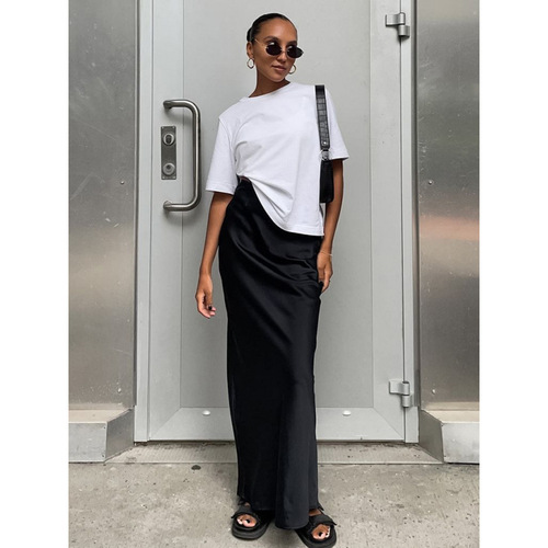 2025 Spring/Summer New Satin Ice Silk Skirt European and American Style Casual Cross-border Skirt Long Black Bodycon Skirt for Women