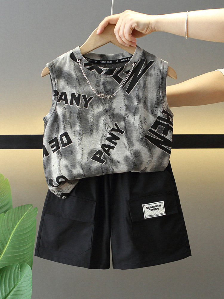 7853 Traje de verano para niños 2025 Nuevo chaleco sin mangas para niños fresco y guapo Traje de dos piezas Ropa de verano para bebés Trendy