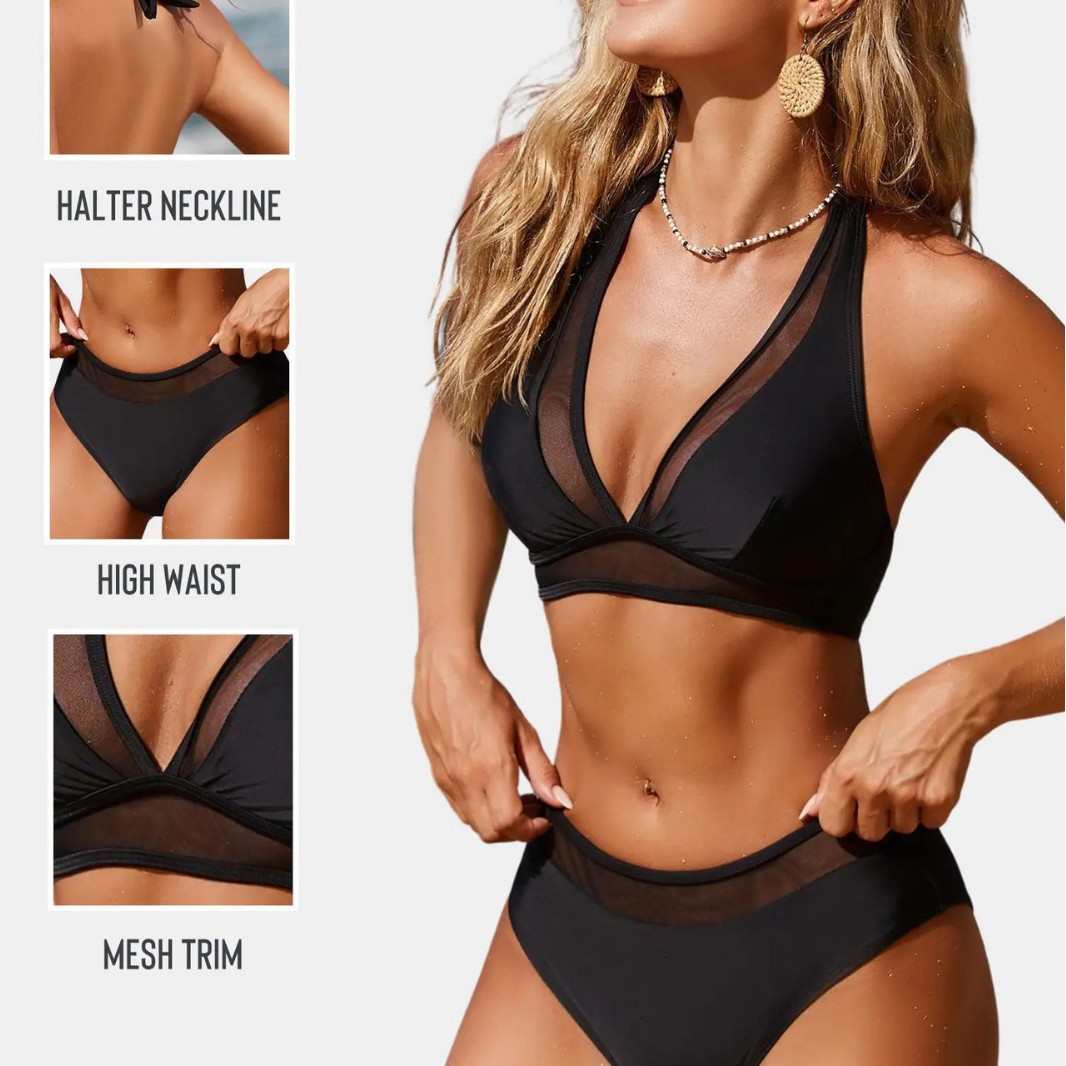 Qianmo 2025 New Style High-Waisted Halter Neck Bikini Set Mesh Patchwork Slimming Solid Color Two-Piece Swimsuit for Women_voghion.com