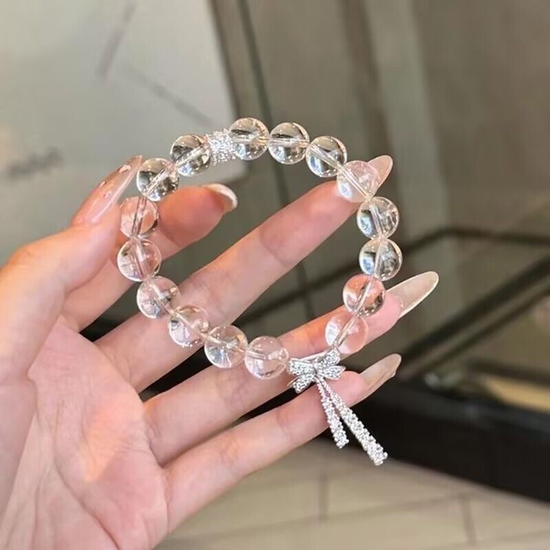 Light Luxury Ice-Clear 10mm White Beaded Bow Ribbon Bracelet for Women, Cool and Sweet Bracelet Gift for Girlfriend Light Luxury Ice-Clear 10mm White Beaded Bow Ribbon Bracelet for Women, Cool and Sweet Bracelet Gift for Girlfriend