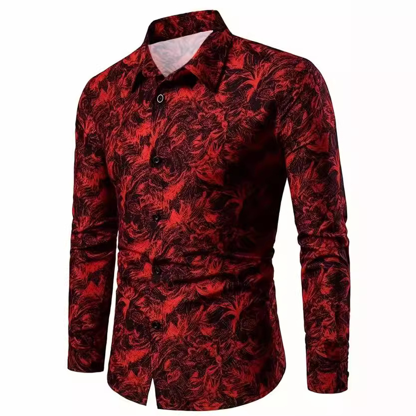 特价引流跨境大码男装简约肩上印花商务修身男士长袖衬衫时尚亚马