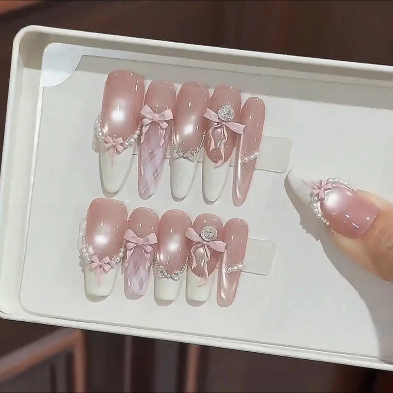 [Pink Satin Sweetheart] French Pink Cat Eye Butterfly Purely Handmade Wearable Manicure Elegant Manicure Removable Manicure