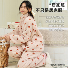 居家慵懒风立领拉链套装睡衣加厚暖暖绒柔软舒适保暖睡衣女秋冬