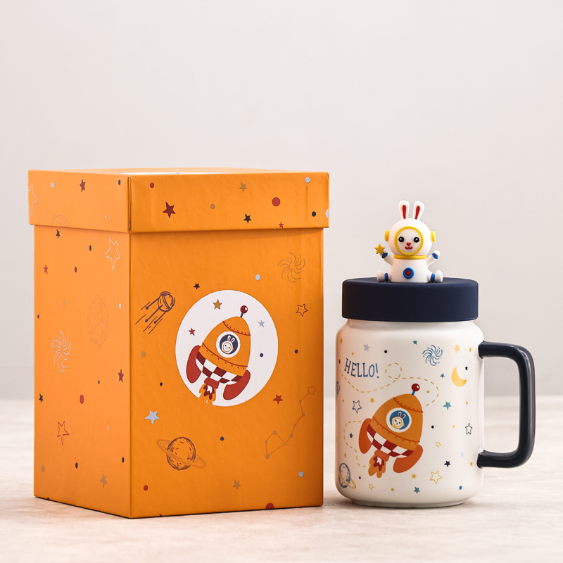 Conejo espacial taza de cerámica taza de café taza de leche de dibujos animados regalo de regalo de año del conejo logotipo