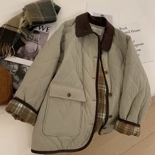 韩系新款小个子慵懒复古夹棉外套日系设计感翻领格子保暖棉服上衣