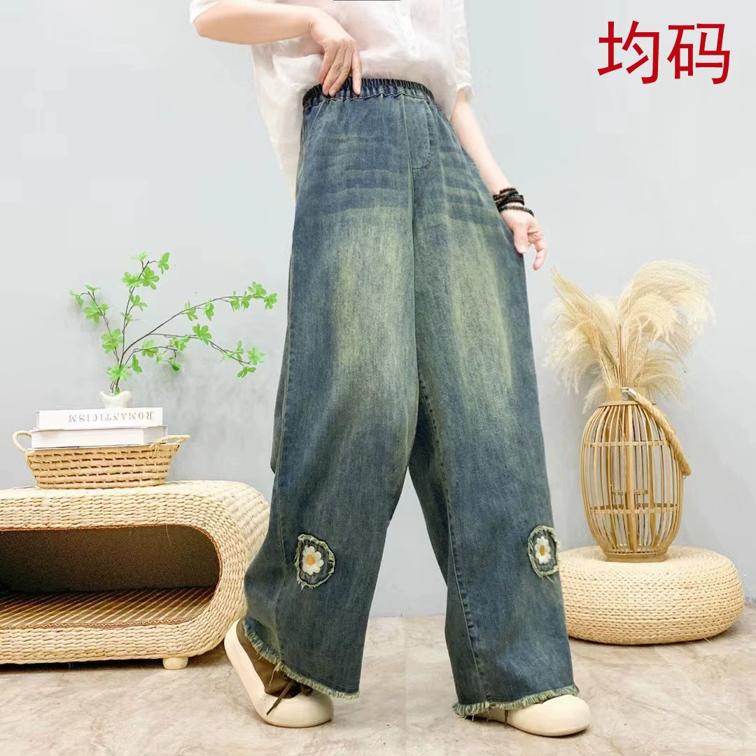 Весенние джинсы Женский национальный стиль большой размер вышивка обтягивающие талии широкие брюки с прорезью ретро девять очков джинсы оптом