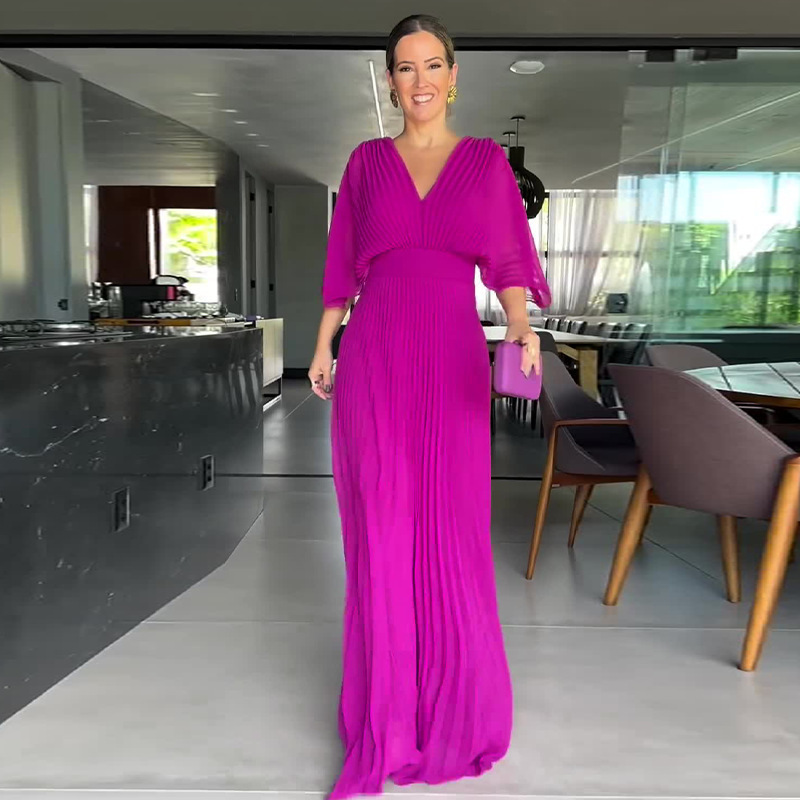 European and American 2024 New Women's Fashion Elegant Solid Color Pleated V-Neck Batwing Sleeve High-Waisted Flared Long Dress for Women