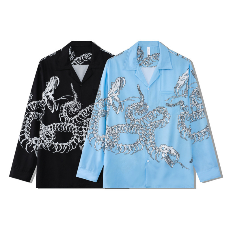 Japanese style Cuban collar casual vintage WACKO MARIA dragon skull print shirt trendy brand long sleeve men's cardigan