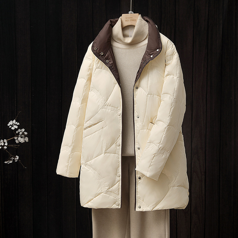 Winter Lightweight down Jacket for Women, Mid-Length, Plus Size, 100kg Loose Fit, Slimming Effect, Stand Collar, Thin Coat Winter Lightweight down Jacket for Women, Mid-Length, Plus Size, 100kg Loose Fit, Slimming Effect, Stand Collar, Thin Coat