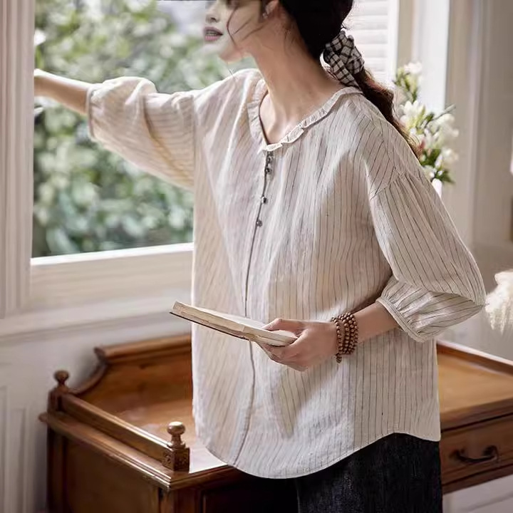 2025 Three Season New Yarn-Dyed Sand Washed Rain Dew Linen Striped Doll Collar Shirt Women's Shirt 2025 Three Season New Yarn-Dyed Sand Washed Rain Dew Linen Striped Doll Collar Shirt Women's Shirt