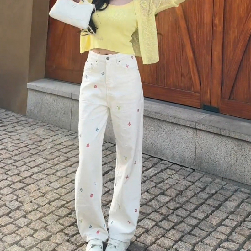 Women’s White High Waisted Wide Leg Jeans, Embroidered Pattern Straight Leg Denim Pants, Casual Loose Trousers For Daily Wear & Streetwear_voghion.com