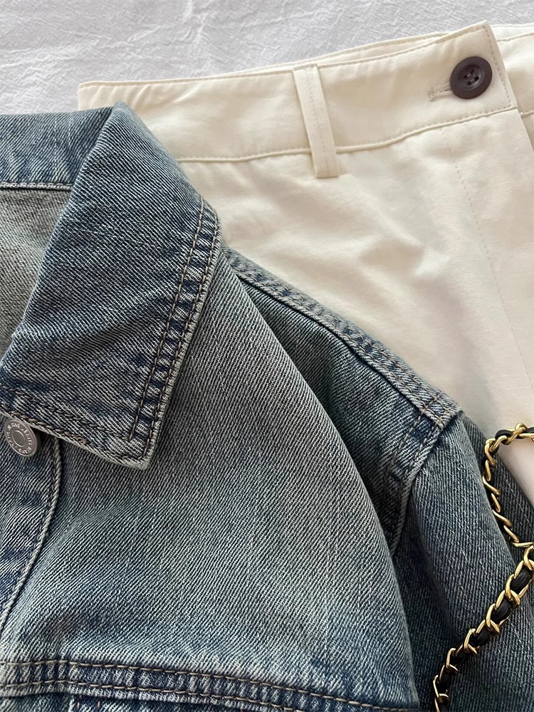 Women's Clothing Vintage Blue Lapel Denim Coat Women's Early Spring Loose All-match Hong Kong-style Jacket Short Top_voghion.com