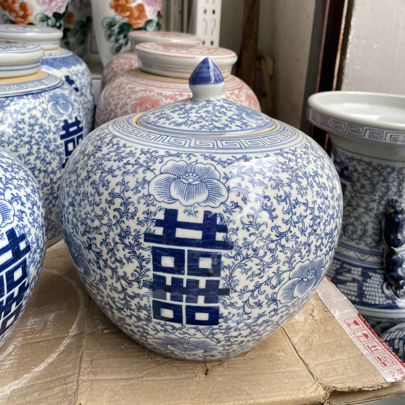 景德镇青花陶瓷将军罐小号仿古喜字罐储物罐带盖青花瓷中式喜字坛