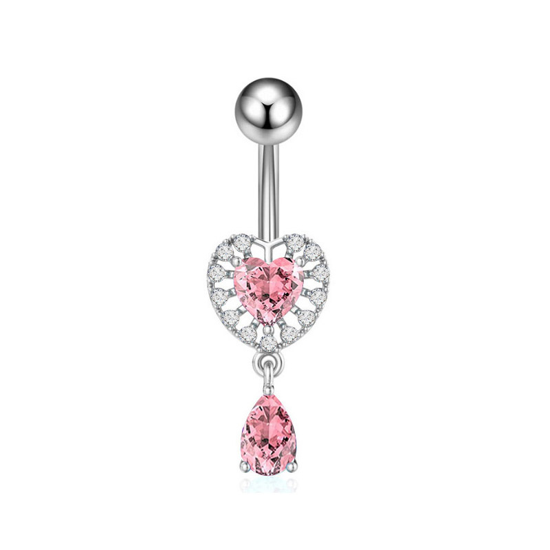 Heart-shaped Navel Ring With Zircon Water Drop Pink Piercing_voghion.com