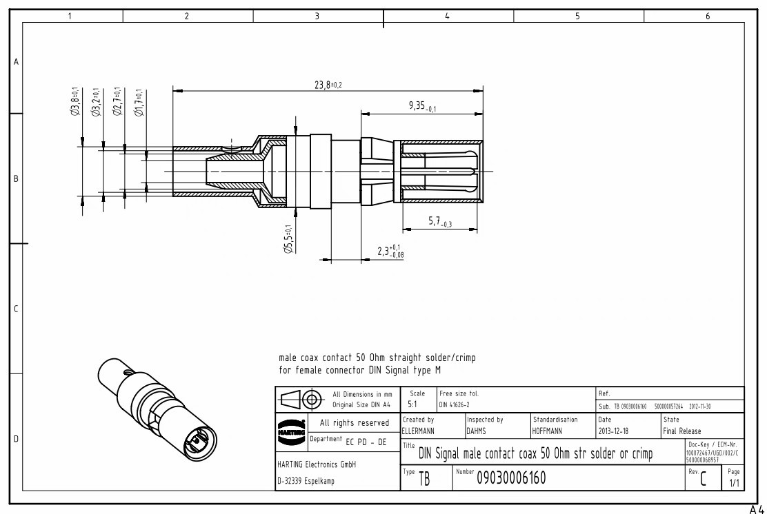 HARTING浩亭 M型DIN信号41612连接器直式同轴插针09030006160