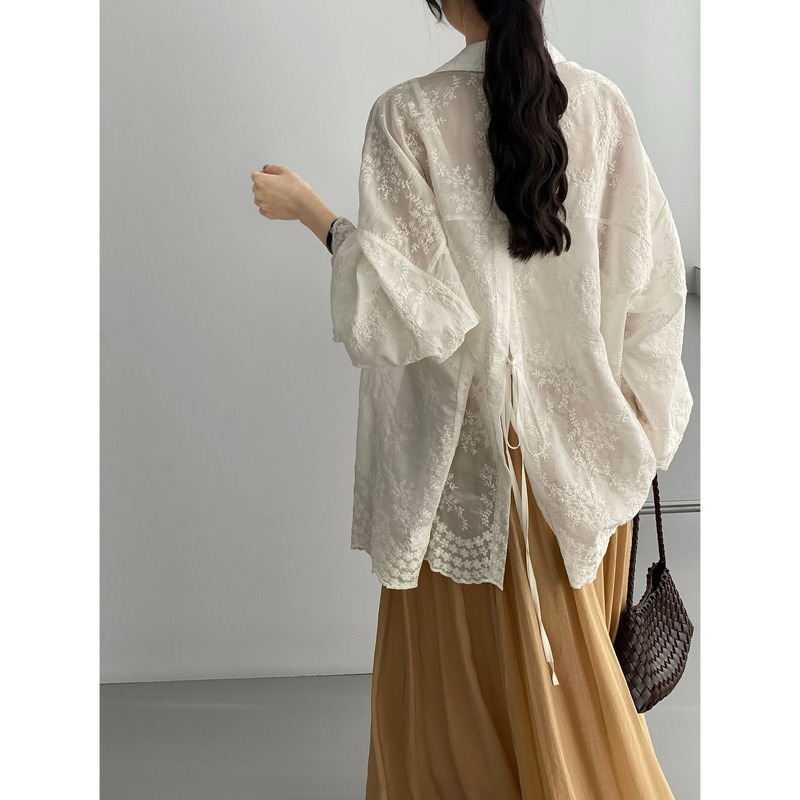 Then, Cheongdam-dong Ouni Korean-style gentle back-cutout lace-up shirt for women, Tencel embroidery, sun protection 5096 Then, Cheongdam-dong Ouni Korean-style gentle back-cutout lace-up shirt for women, Tencel embroidery, sun protection 5096