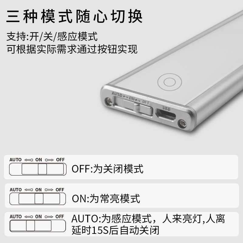一件代发人体感应灯小夜灯卧室橱柜灯 USB长条灯胶贴免布线衣柜灯