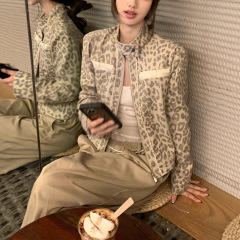Bankelii'豹纹限定'小众做旧定染豹纹印花立领外套女秋