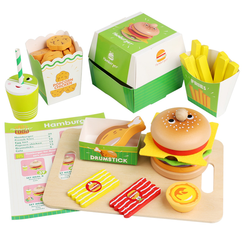 Juego de juguetes para niños transfronterizos Simulación de madera para jugar a la casa Burger Sándwich de papas fritas Toque de vajilla de cocina