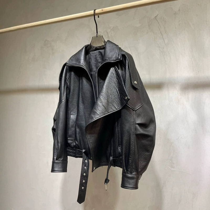 Lamb Leather Motorcycle Jacket Loose Pu Leather Jacket Oversize 2024 New Simple Early Autumn Jacket