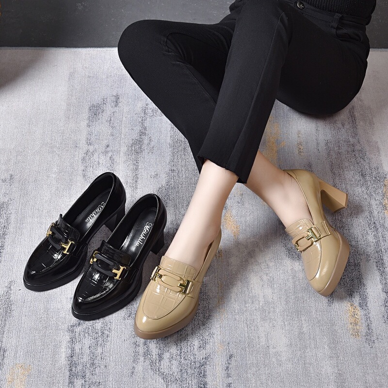 Platform high heels women's thick heel pointed British leather shoes for spring and autumn 2024 spring new thick-soled leather shoes