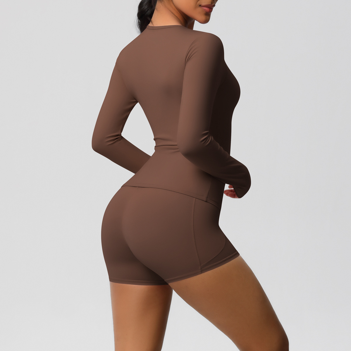 Nuevo transfronterizo europeo y americano color sólido de doble cara nylon molido manga larga set de yoga deporte correr fitness set de dos piezas