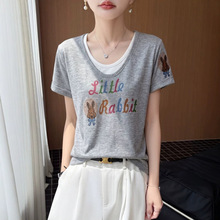 针织衫字母图案提花 V领假两件 超细爽肤麻 夏季 女 宽松显瘦时尚