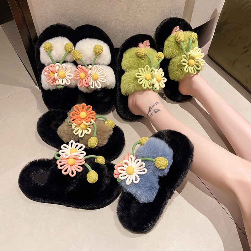 Fresh Flower Plüsch Damen, Bequem Casual, Leicht zu tragen, Hausschuhe fürs Büro, Baumwollpantoffeln mit dicker Sohle,_voghion.com
