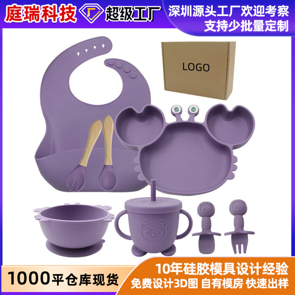 Plato de silicona para alimentación infantil con diseño de cangrejo de dibujos animados, tazón para comida de bebé, cuchara, vaso de oso, vajilla de silicona, juego de cucharas para lamer