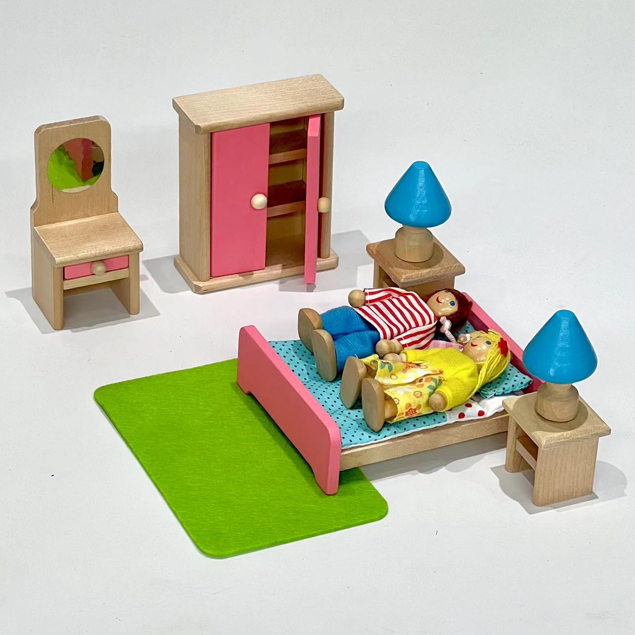 Mini conjunto completo familia juguetes de madera niños jugar casa linda simulación muebles pequeños traje noche mercado juguetes pequeños