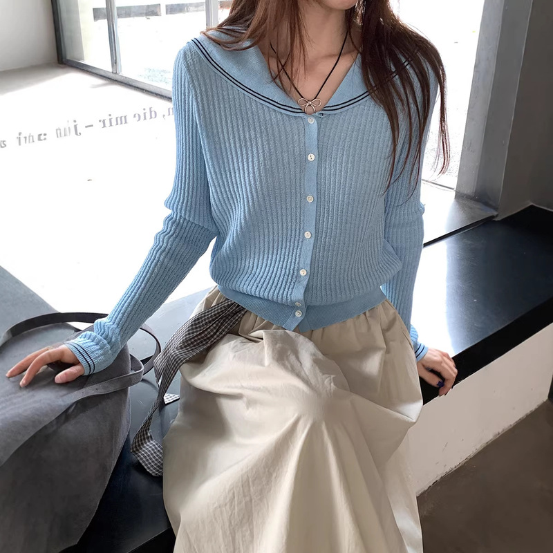 Weisong Clothing 2026 New Spring Women's Clothing Korean Style Age-Reducing Navy Collar Knitwear Women's Cardigan Casual Top Weisong Clothing 2026 New Spring Women's Clothing Korean Style Age-Reducing Navy Collar Knitwear Women's Cardigan Casual Top