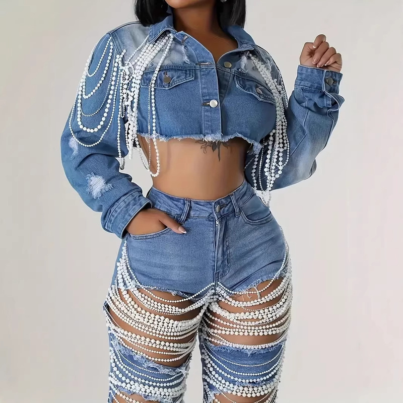 Hme European and American Popular Cross-Border Women's Denim Jacket with Ripped Design, Heavy-Duty Tassels, and Pearl Chain Women's Top Jacket Hme European and American Popular Cross-Border Women's Denim Jacket with Ripped Design, Heavy-Duty Tassels, and Pearl Chain Women's Top Jacket