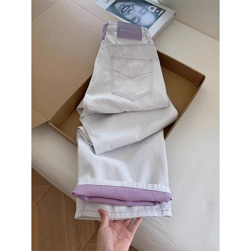 Designed with Contrasting Colors and Rolled Edges, Wide-Leg Jeans for Women, New Summer Style, Large Size, Loose Fit for Pear-Shaped Body, Slimming Straight-Leg Pants