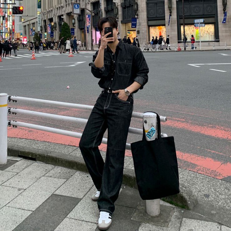 MYQ Vintage Denim Suit Men's Autumn New Korean Fashionable Loose Shirt Jacket Straight Jeans