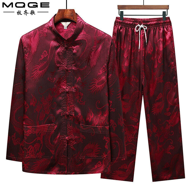 Весенний и летний средний и пожилой костюм мужской тонкий длинный рукав шелковый костюм папа ретро китайский дедушка костюм рубашка Hanfu