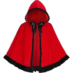 万圣节披风小红帽斗篷圣诞服装女士大红色丝绒加黑色花边披肩代发