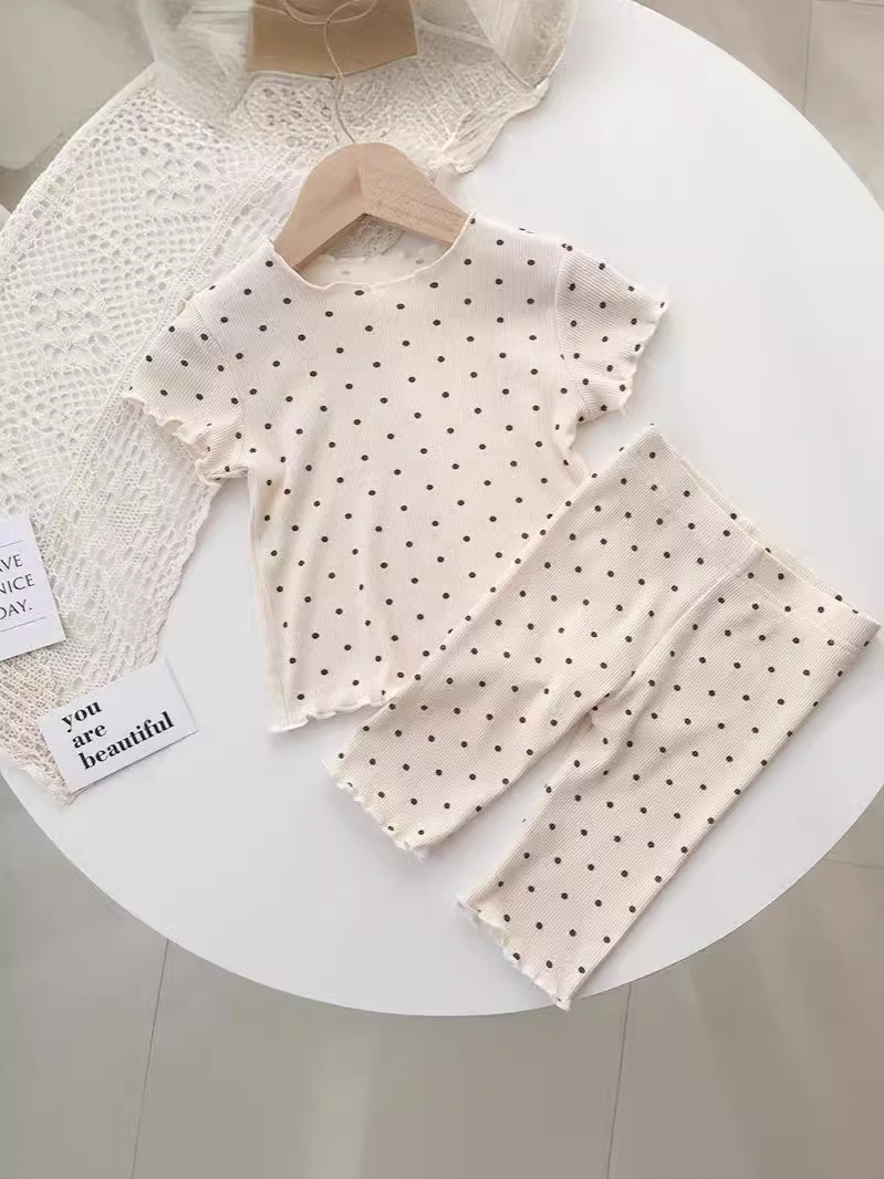 Pijamas infantiles de verano delgado conjunto de puntos de aire extranjero niñas de verano dos piezas de ropa para el hogar ropa de aire acondicionado para niños mujeres