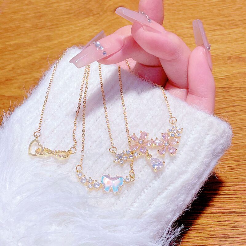 [Clearance] Japanese and Korean Light Luxury Sweet Pink Flower Water Drop Micro-Inlaid Necklace for Women, Gentle Full Diamond Heart Clavicle Chain