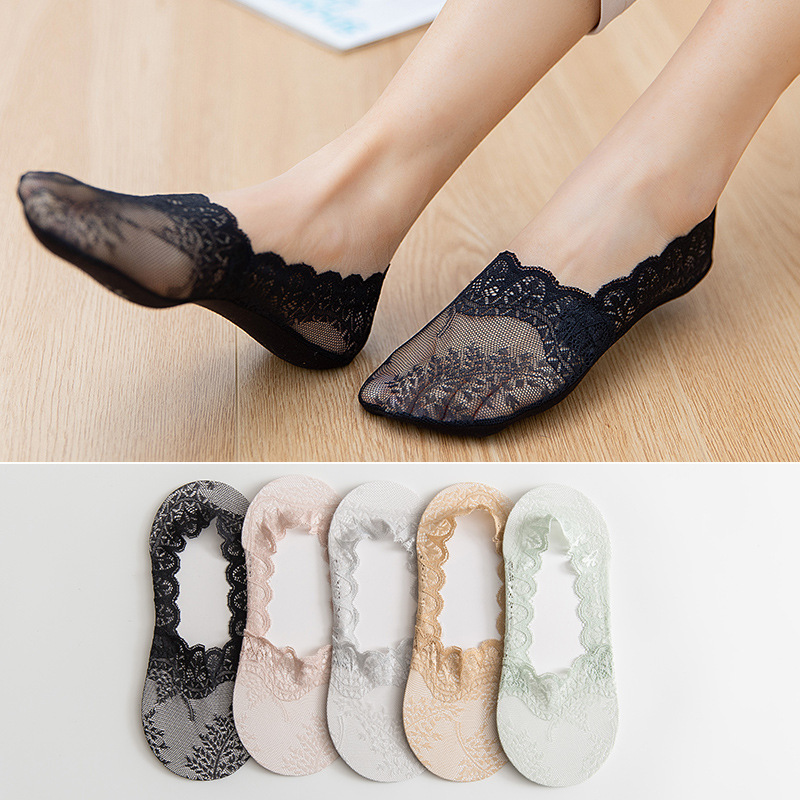 Lace Boat Socks Women's Socks Women's Socks Spring and Summer Thin Shallow Mouth Invisible Socks Silicone Non-Falling Cotton Bottom Ice Stockings