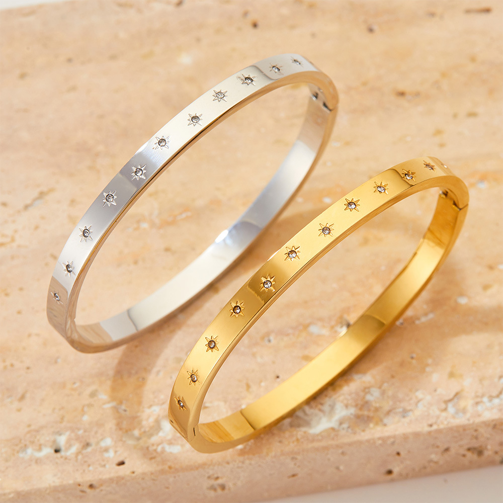 20g Weight Vacuum Plating Gold Plating Process Fashion Circle 304 Stainless Steel 16K Gold Plated White Gold Plated Gold Plated Zircon Stainless Steel Bracelets In Bulk