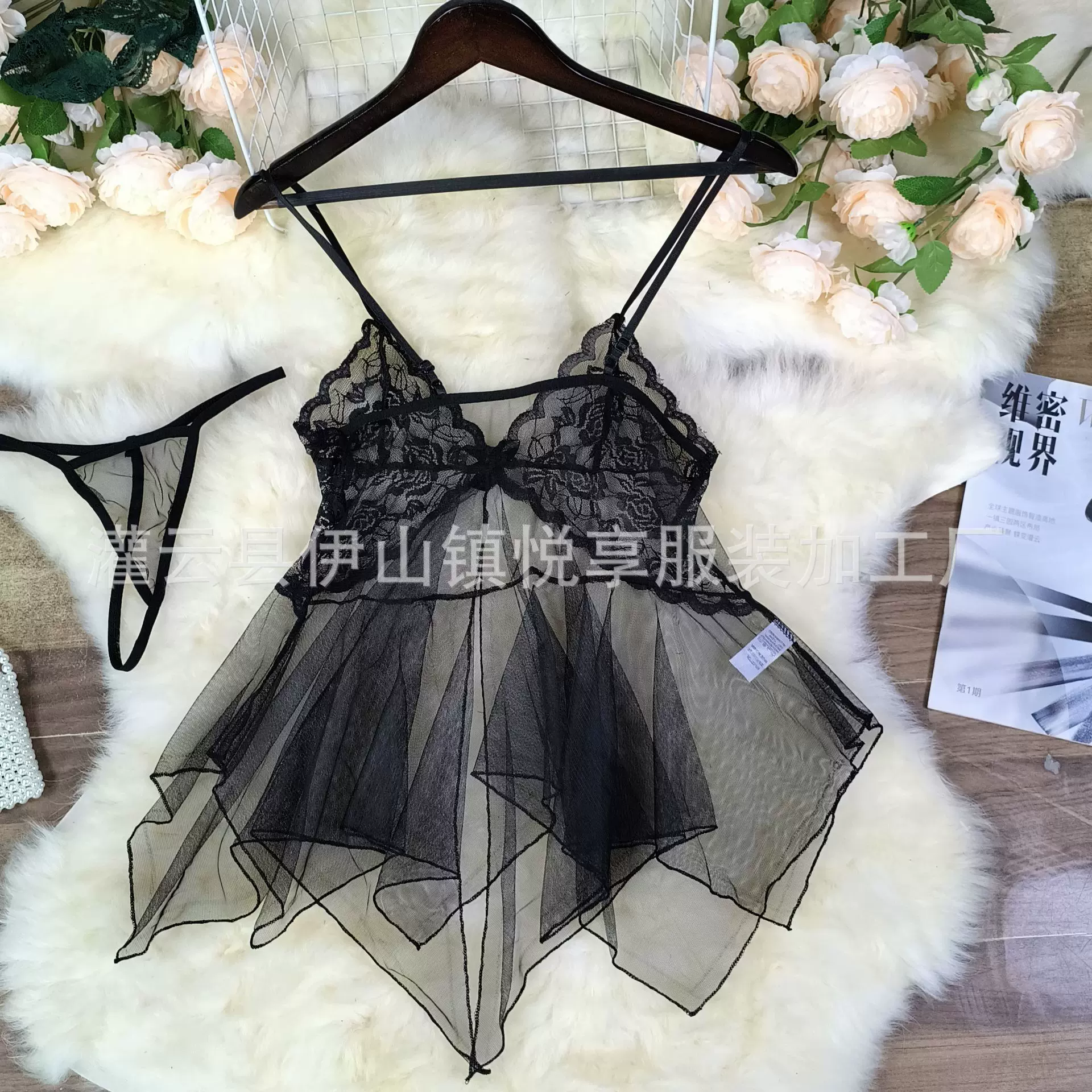性感情趣内衣女式柔纱深V性感藕色蕾丝吊带裙美人鱼睡裙三家批发