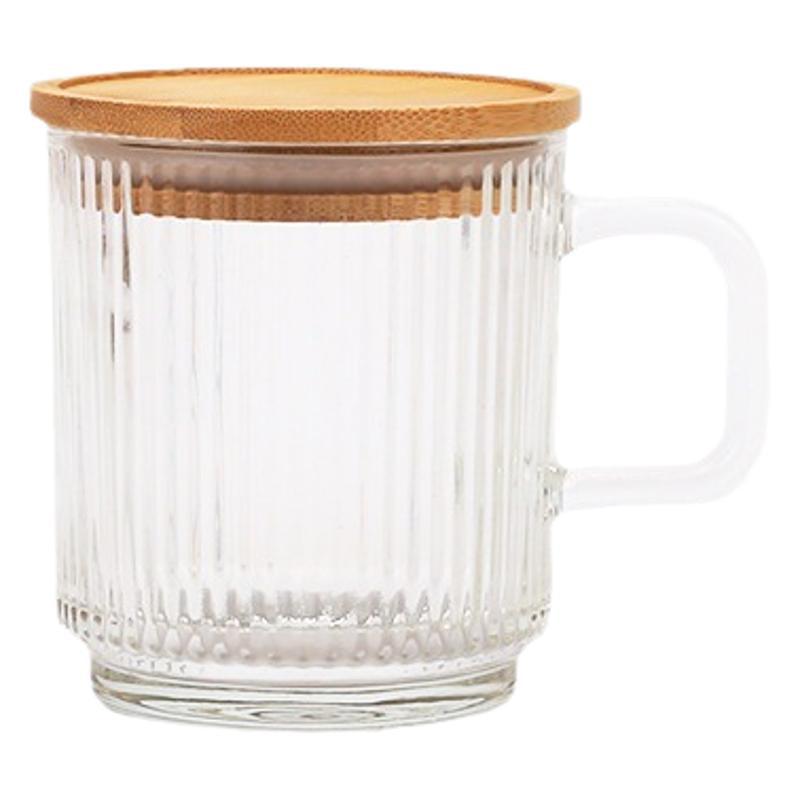 Taza de vidrio a rayas verticales con tapa de madera taza de café casera taza de bebida de leche taza de whisky de alto valor